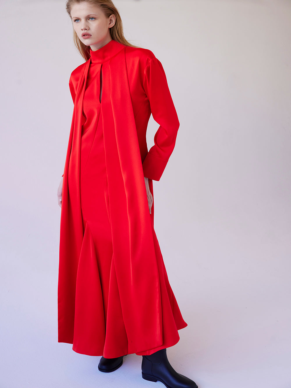 Satin Crepe Long Sleeved Midi Red Dress