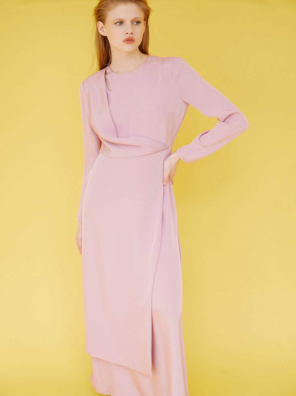 Crew Neck Pale Pink Long Sleeved Maxi Dress