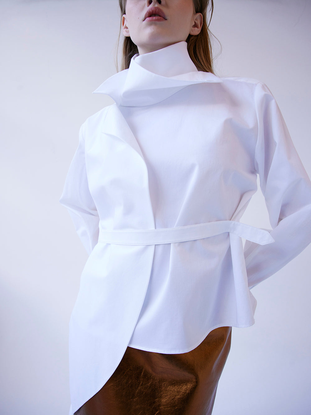 High Collar Asymmetrical White Poplin Shirt
