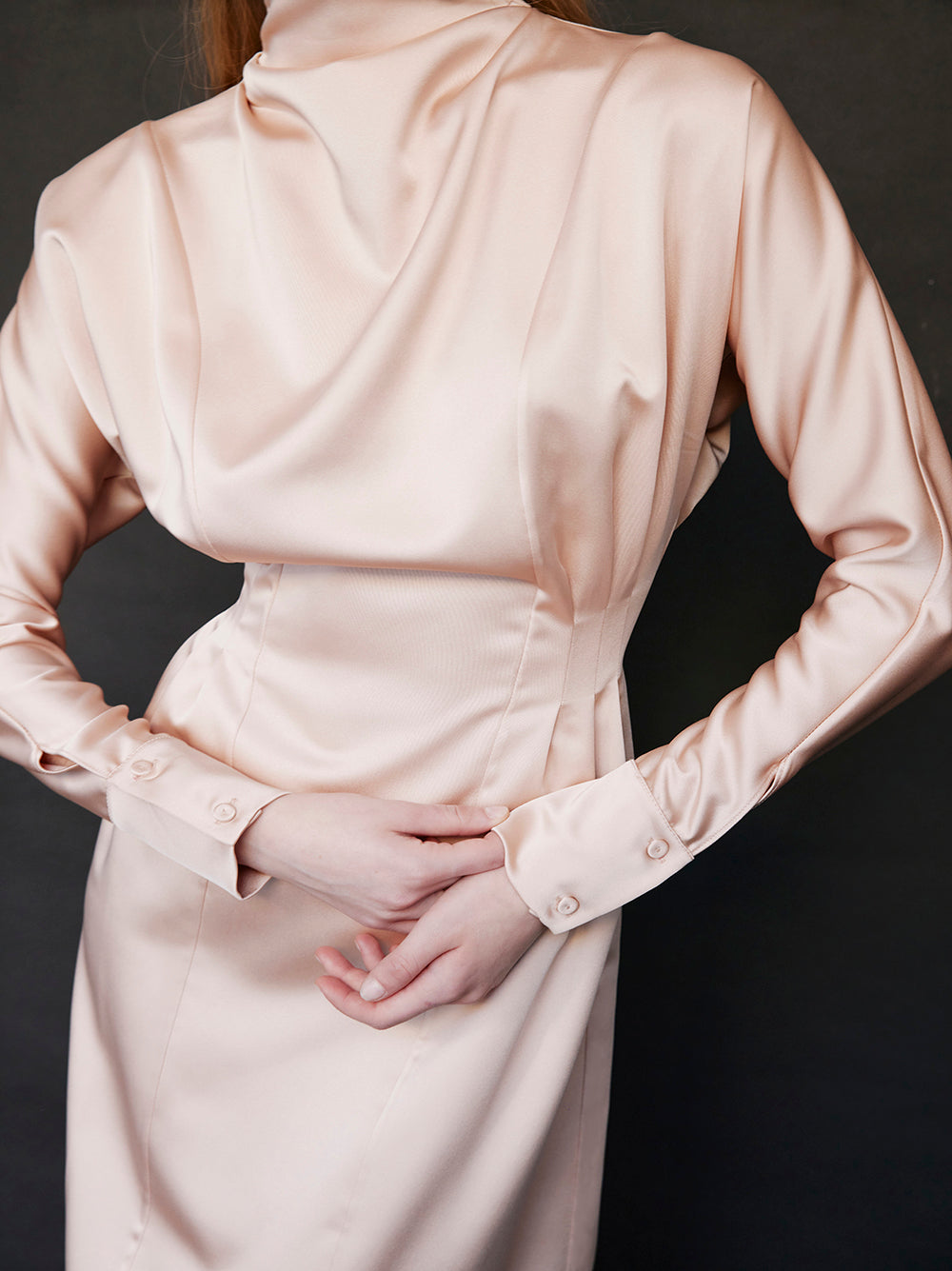 Satin High Collar Beige Midi Dress