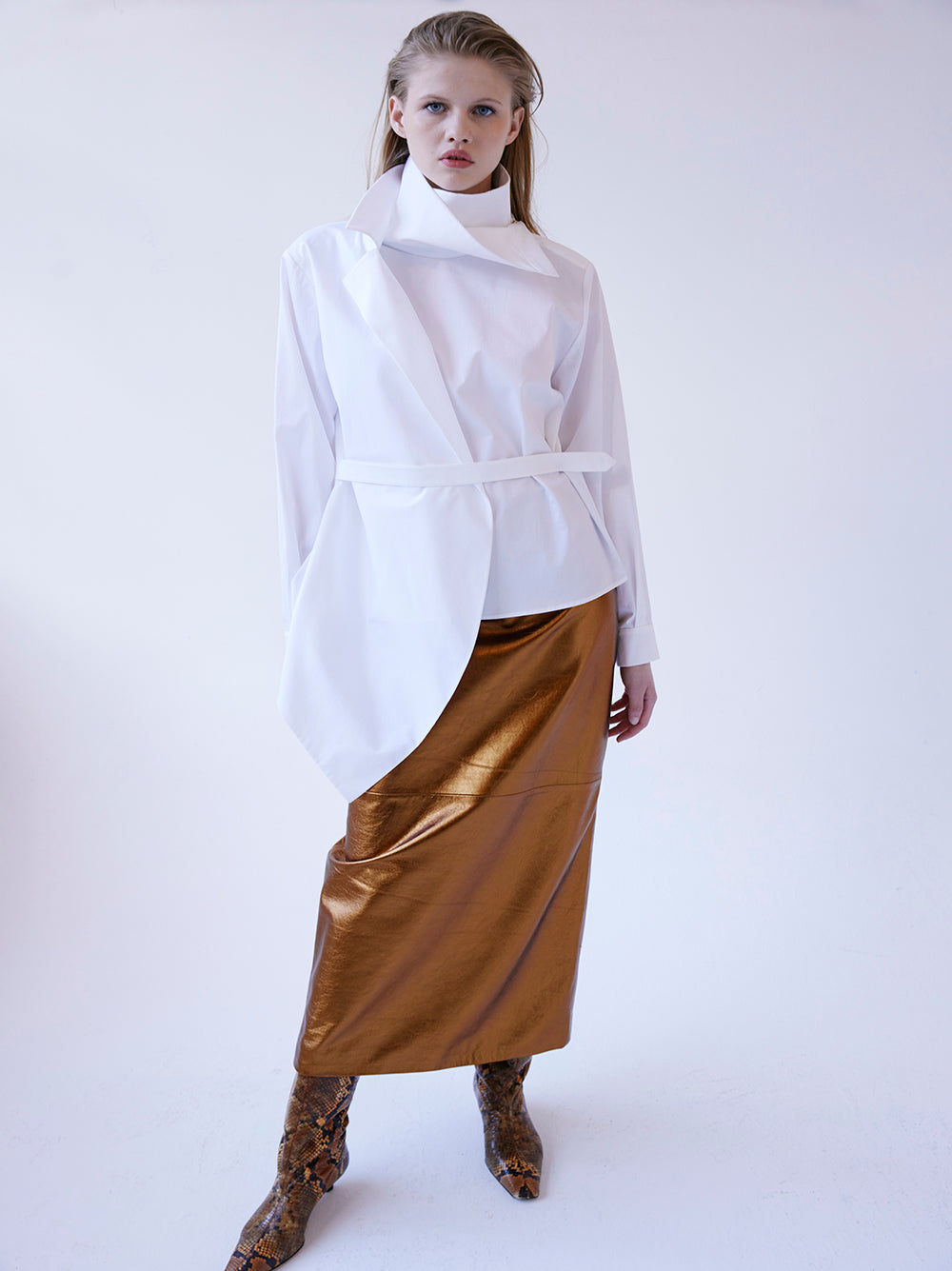 High Collar Asymmetrical White Poplin Shirt