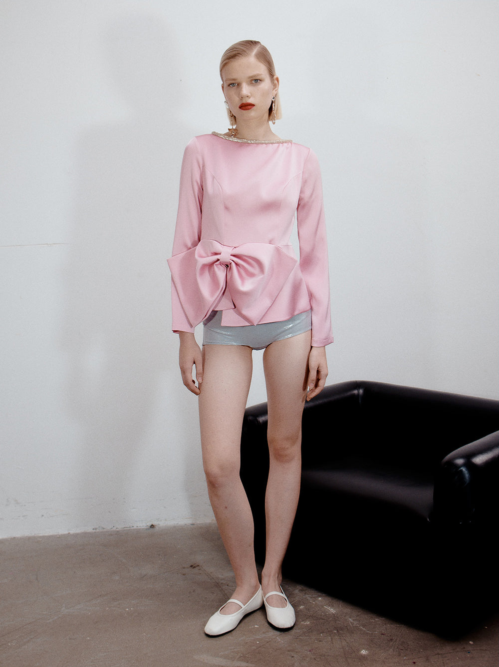 Boat Neck Satin Blouse With Embroidery