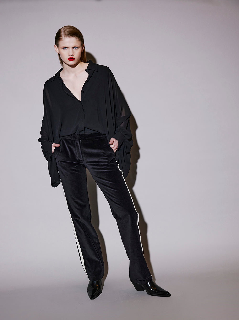 Chiffon Black Shirt With Balloon Sleeves