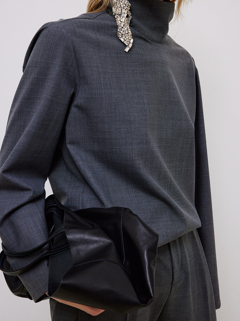 Anthracite High Collar Wool Blouse