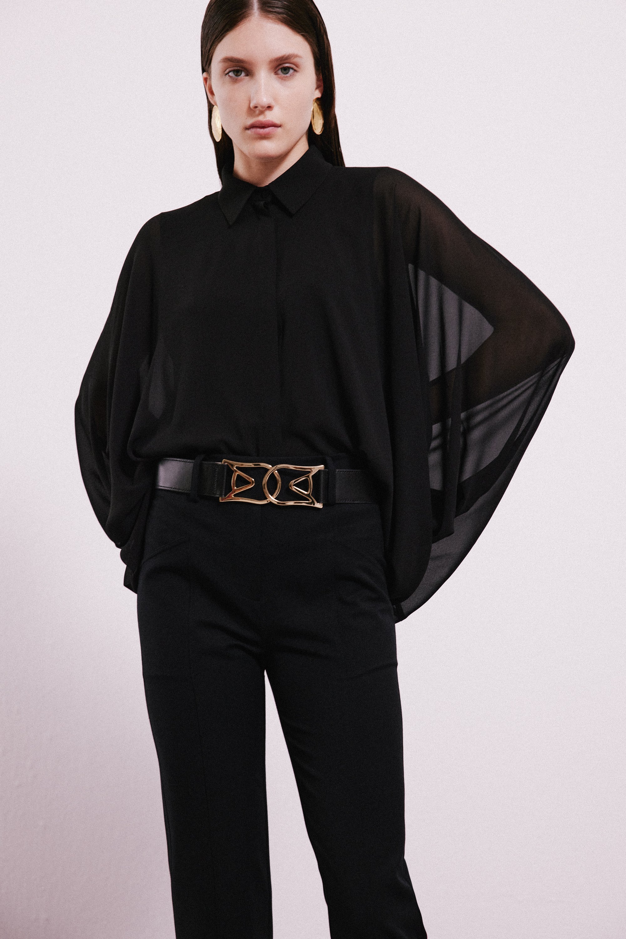 Chiffon Black Shirt With Balloon Sleeves