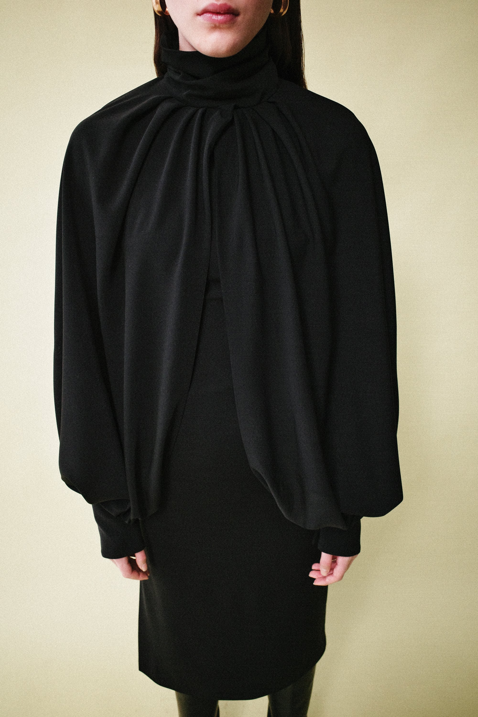 Black High Collar Dress With Bat Wing Sleeves