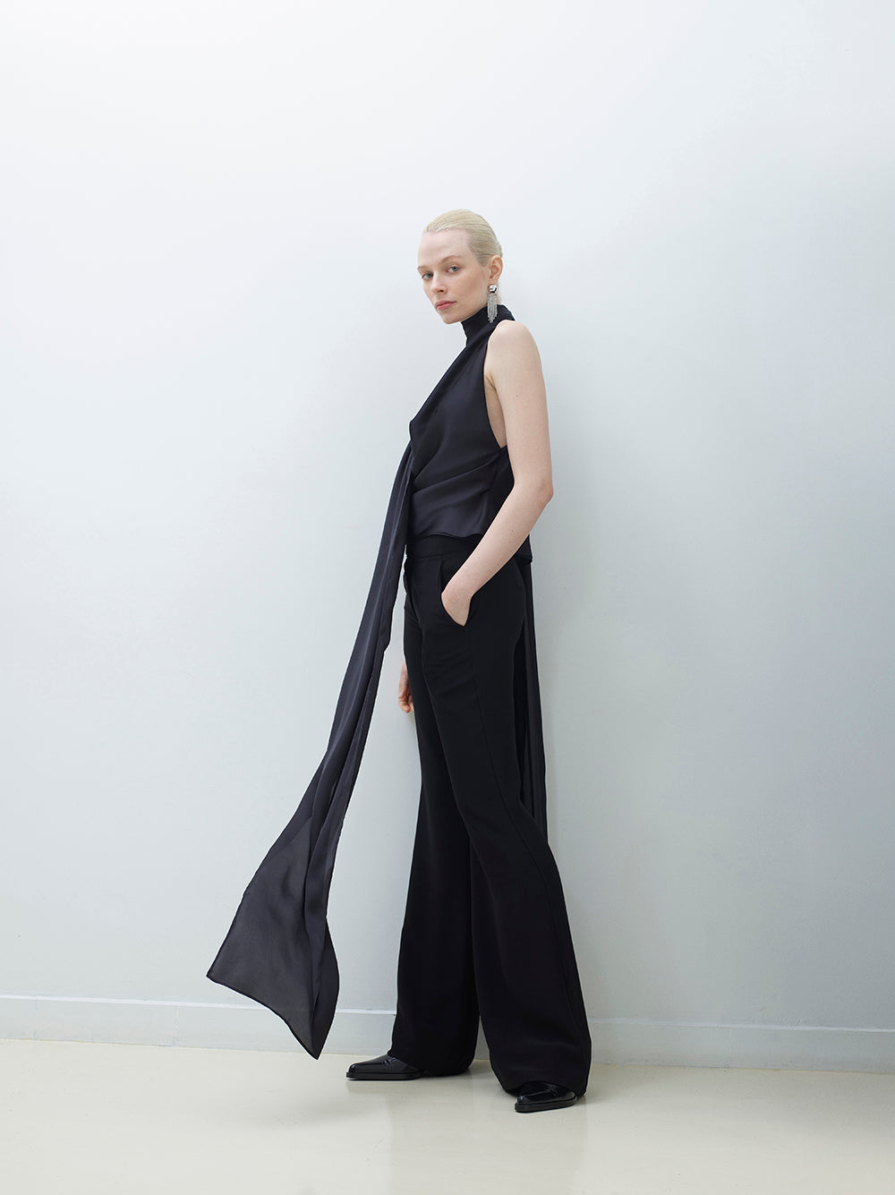 Long-Scarf Detailed Cowl-Neck Blouse