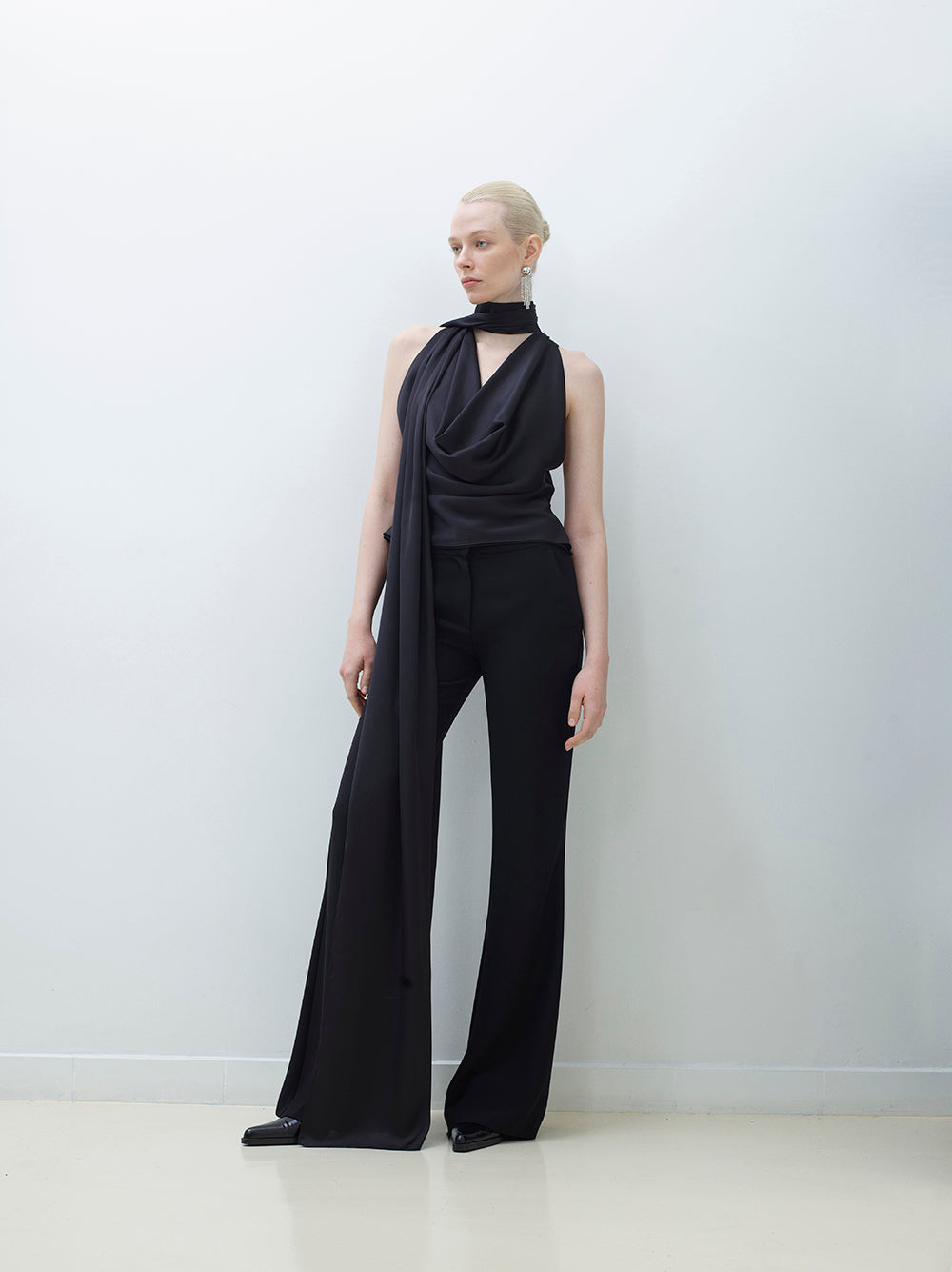 Long-Scarf Detailed Cowl-Neck Blouse