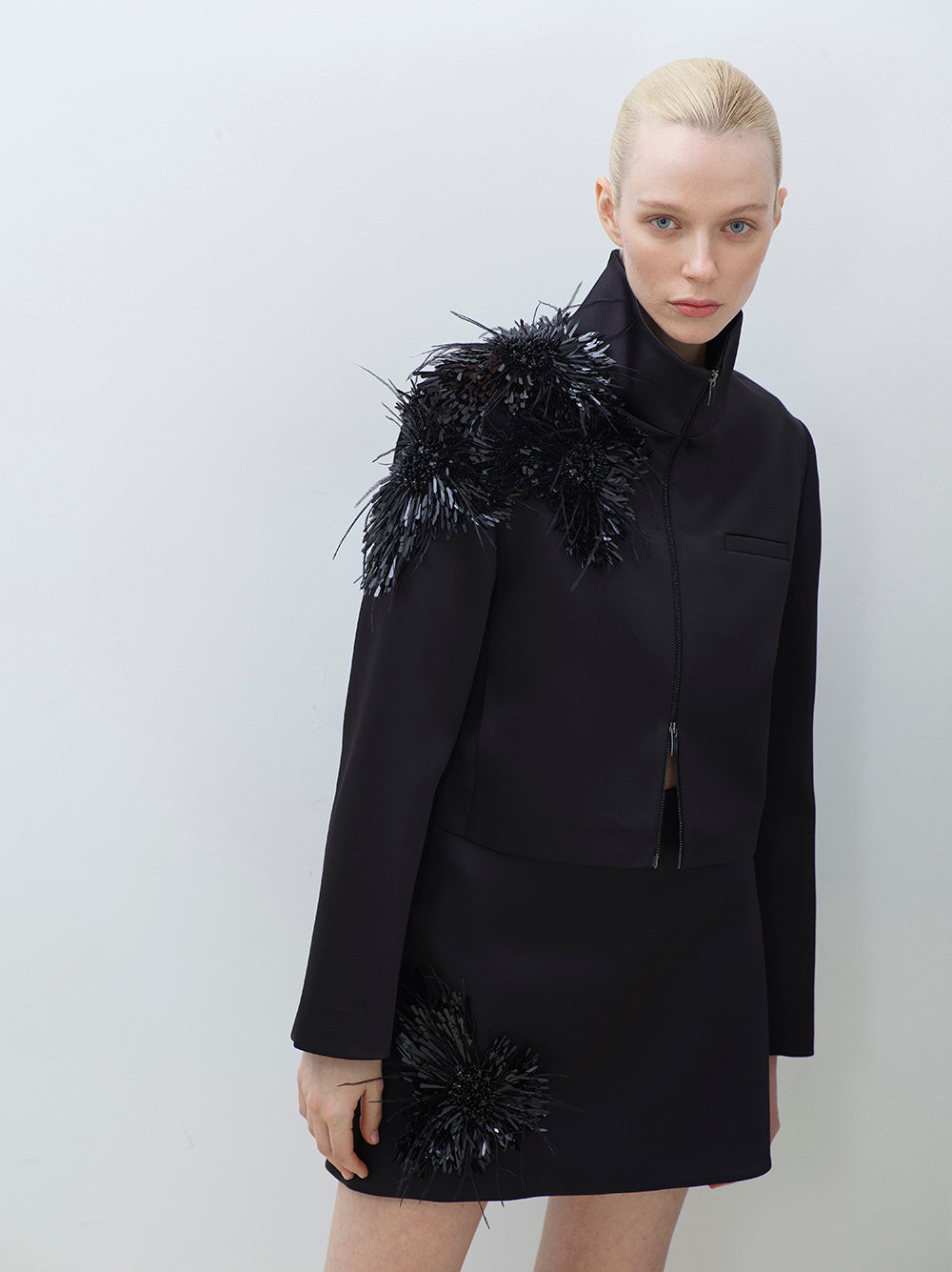 Hand-Embroidered Cropped Zip Jacket