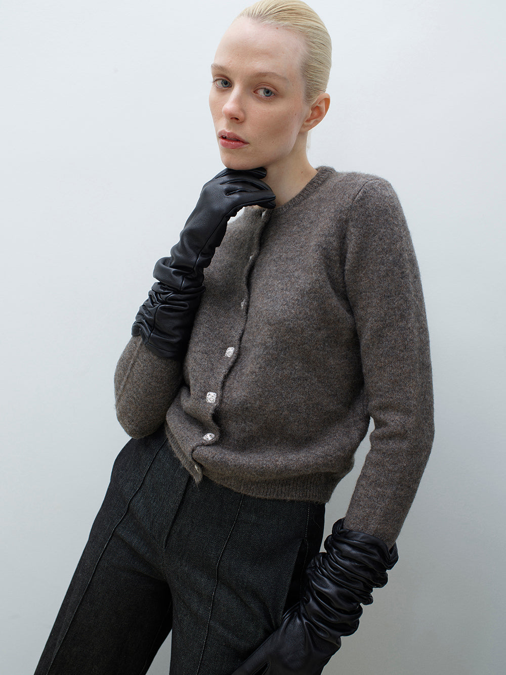 Crystal button mini wool cardigan