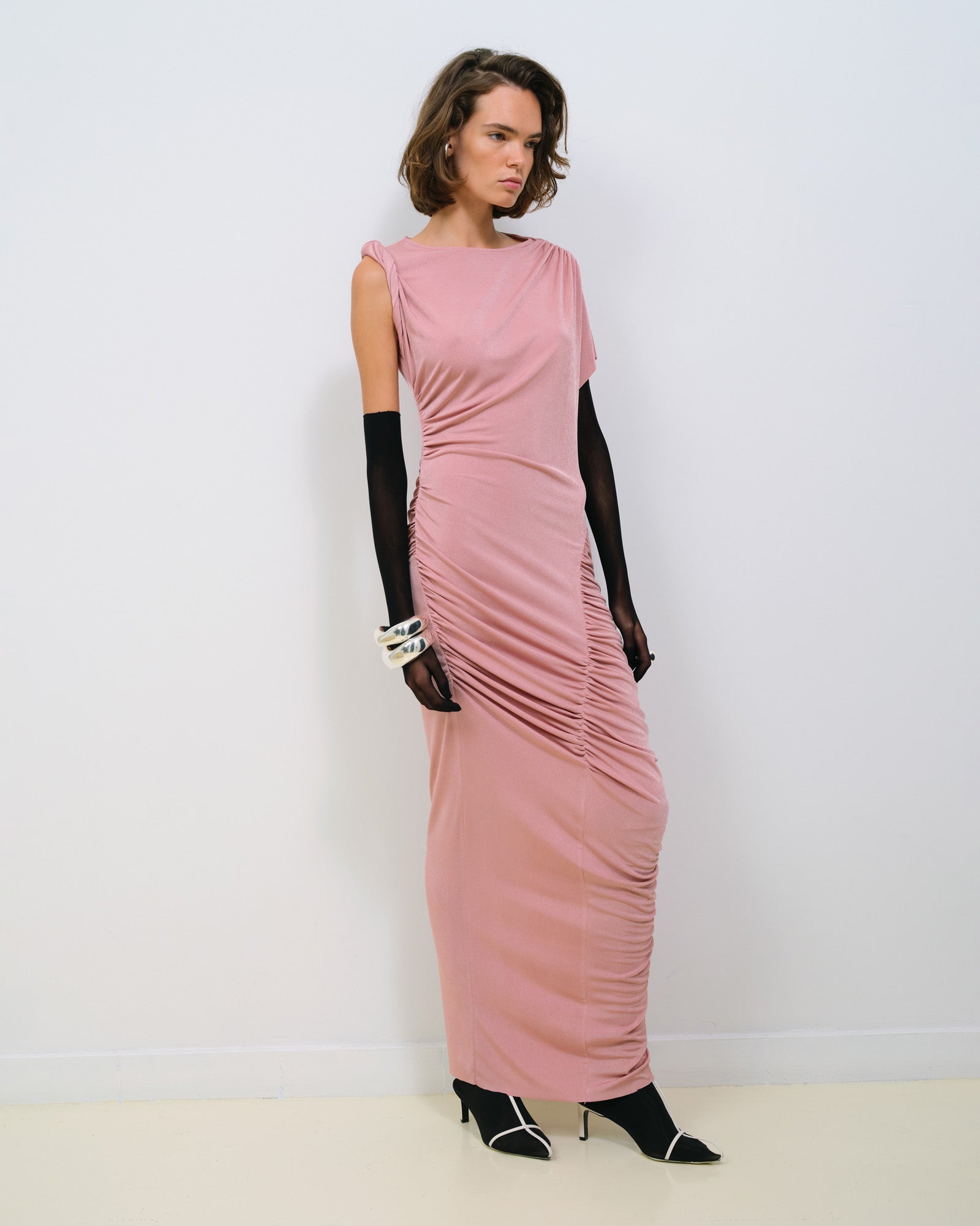 SILKY JERSEY DRAPED DRESS