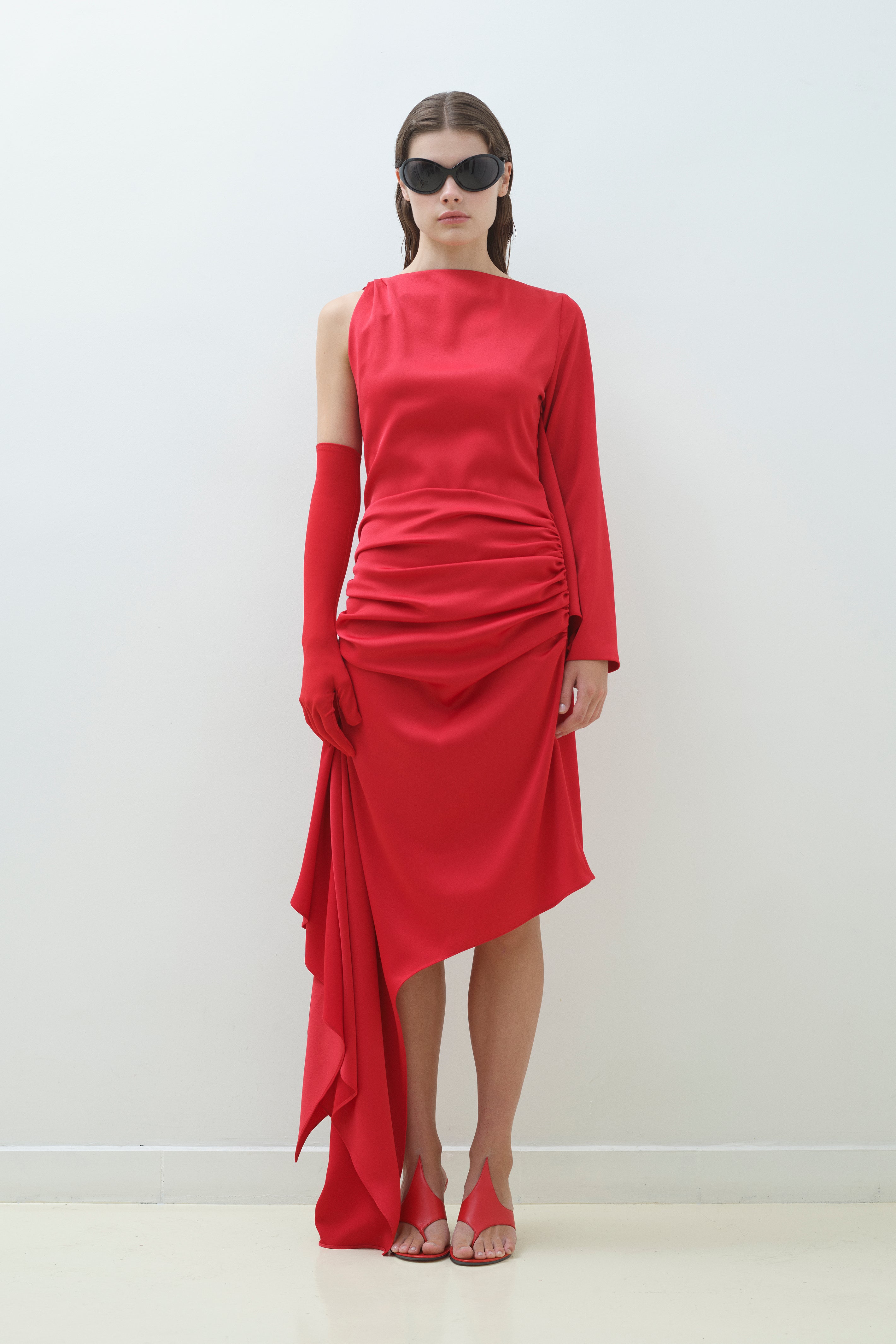 ASYMMETRICAL MAT SATIN DRESS