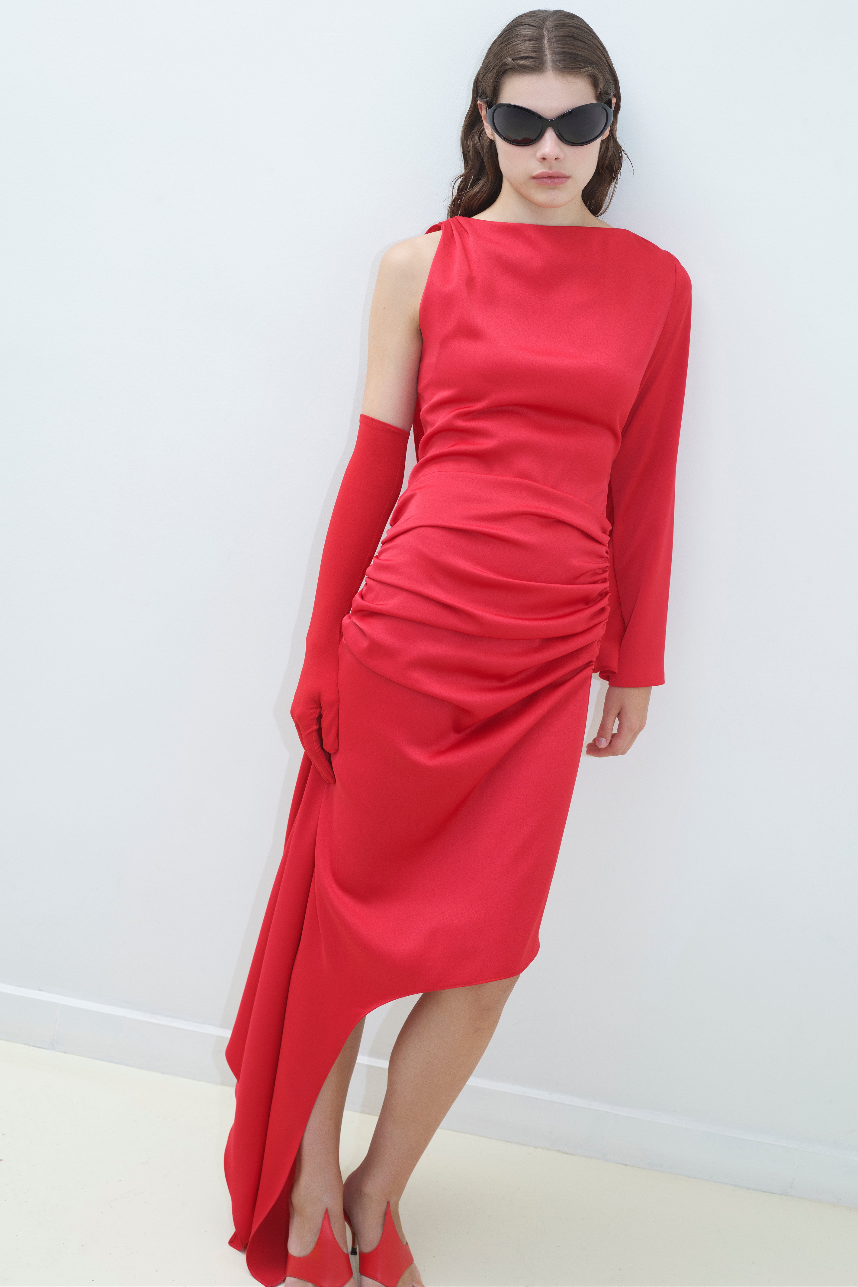 ASYMMETRICAL MAT SATIN DRESS