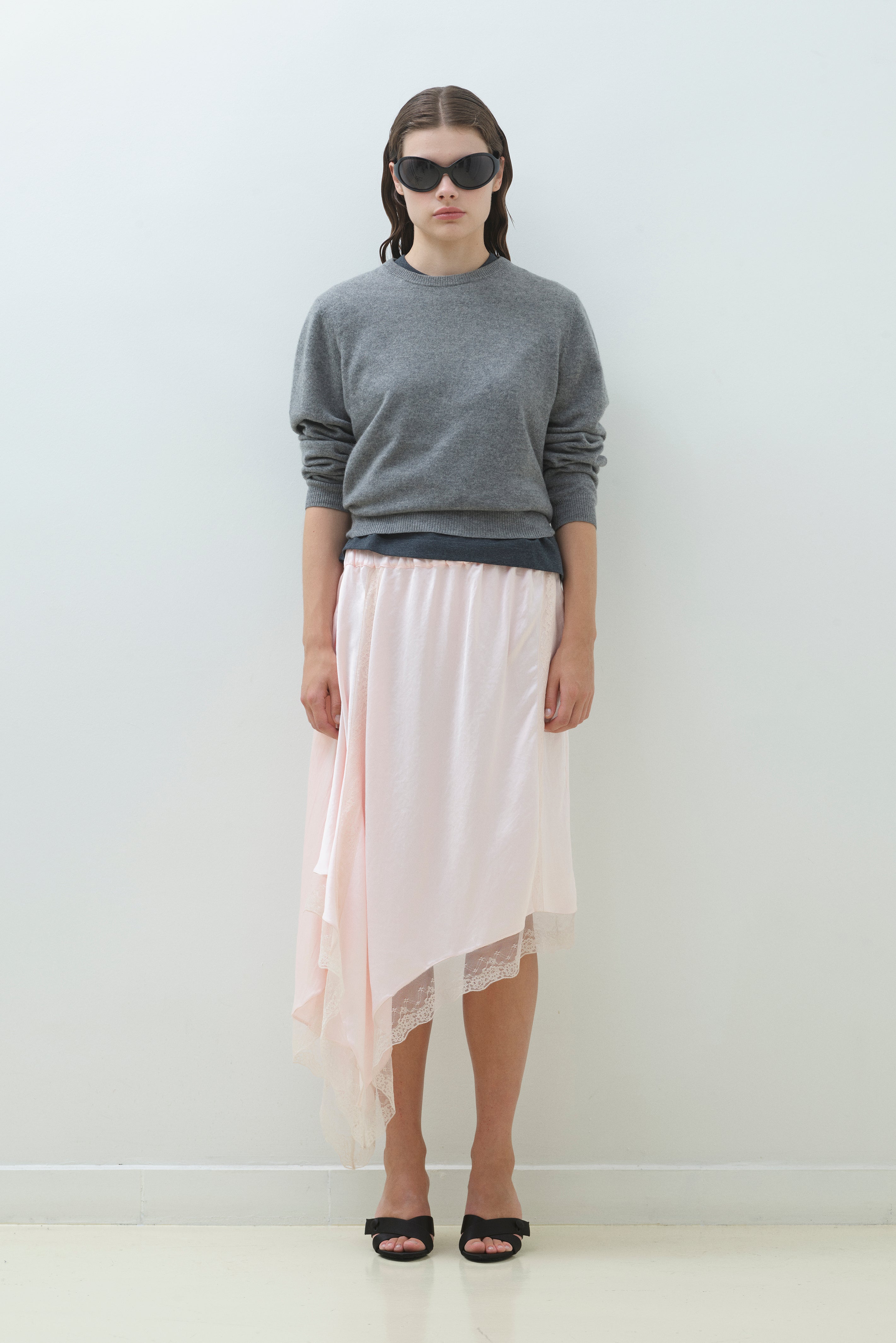 ASYMMETRICAL LACE HEM SKIRT WITH ELASTIC WAISTBAND