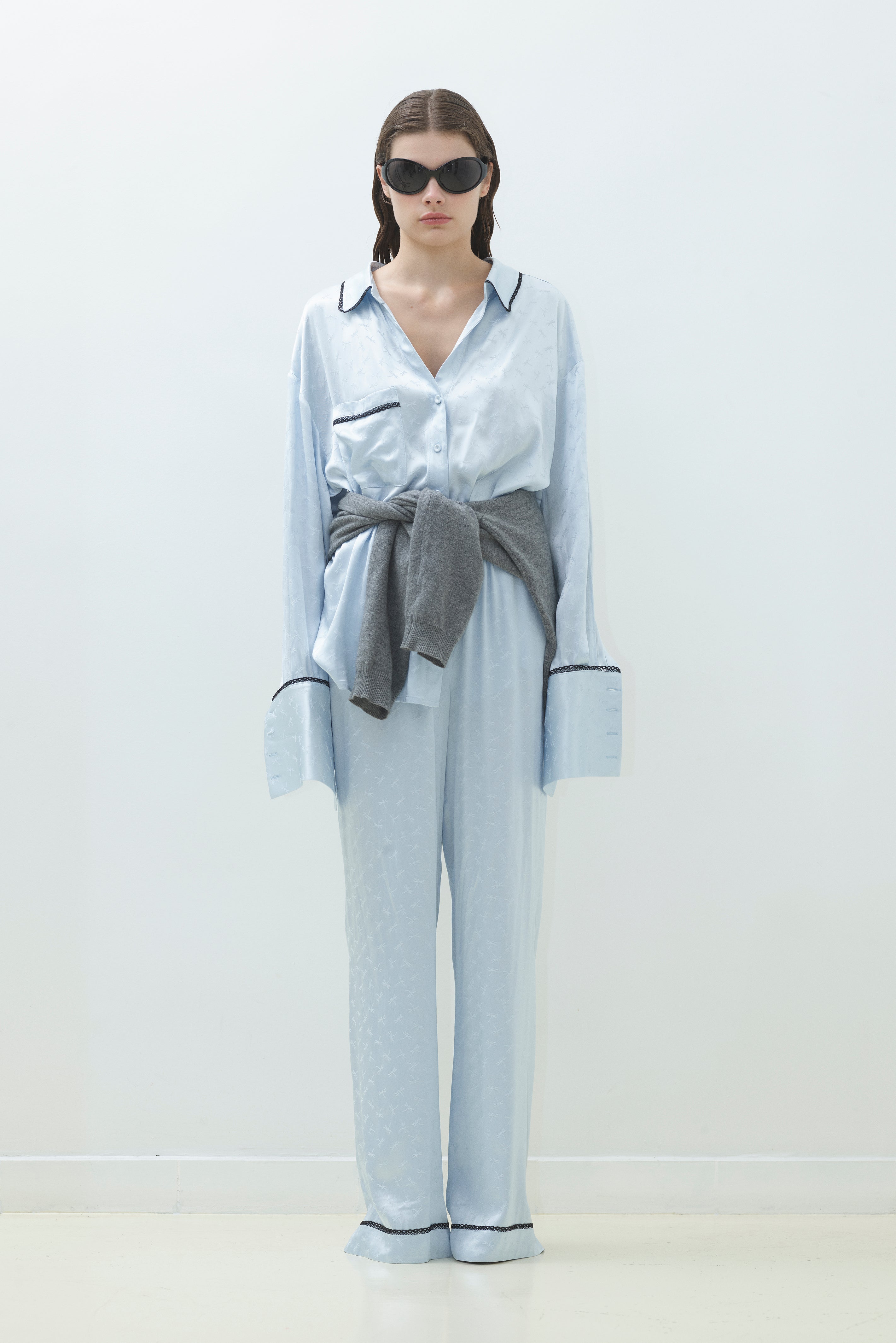 LACE TRIM SATIN JACQUARD PANTS