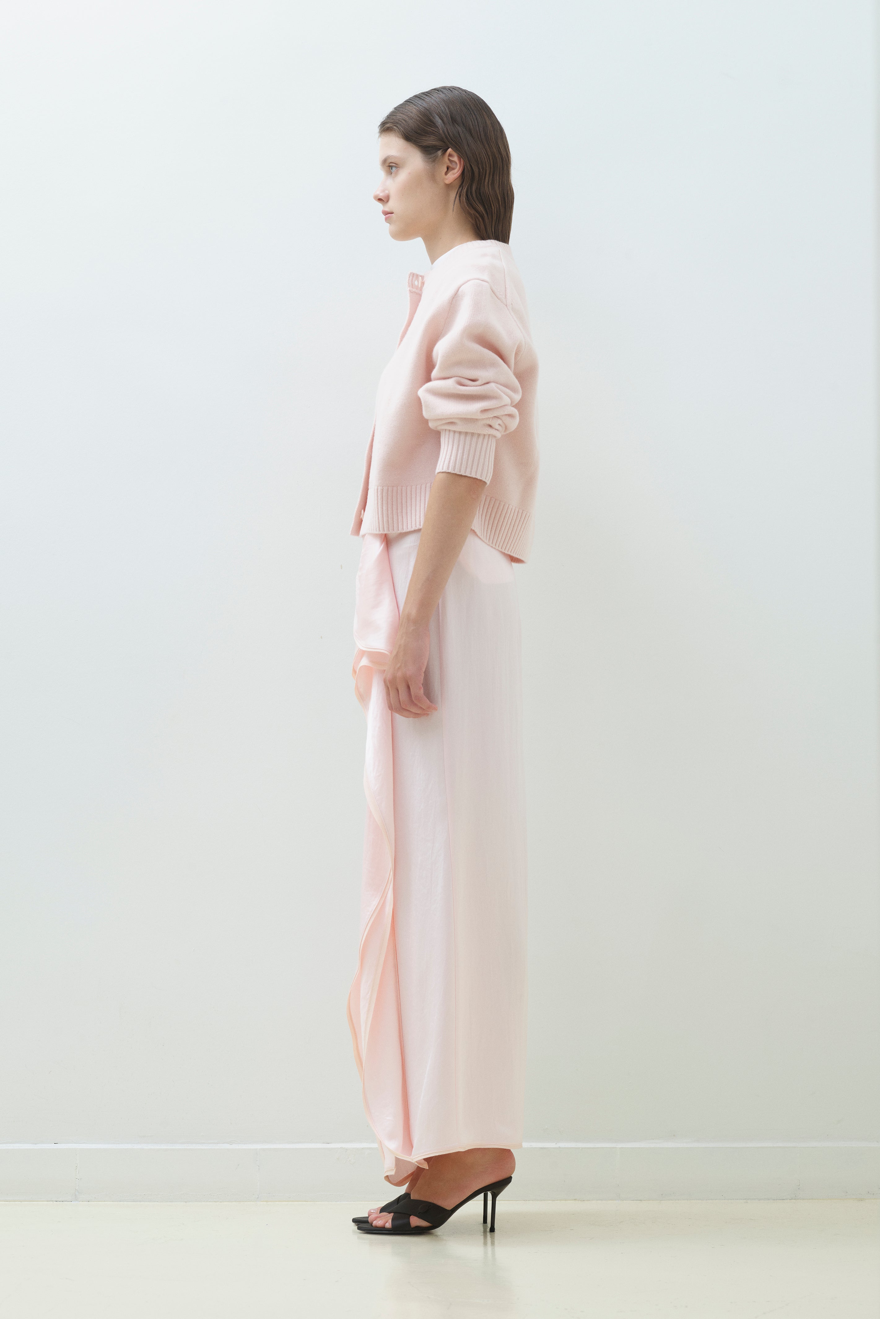 RUFFLE FRONT SLIT MAXI TUBE SKIRT
