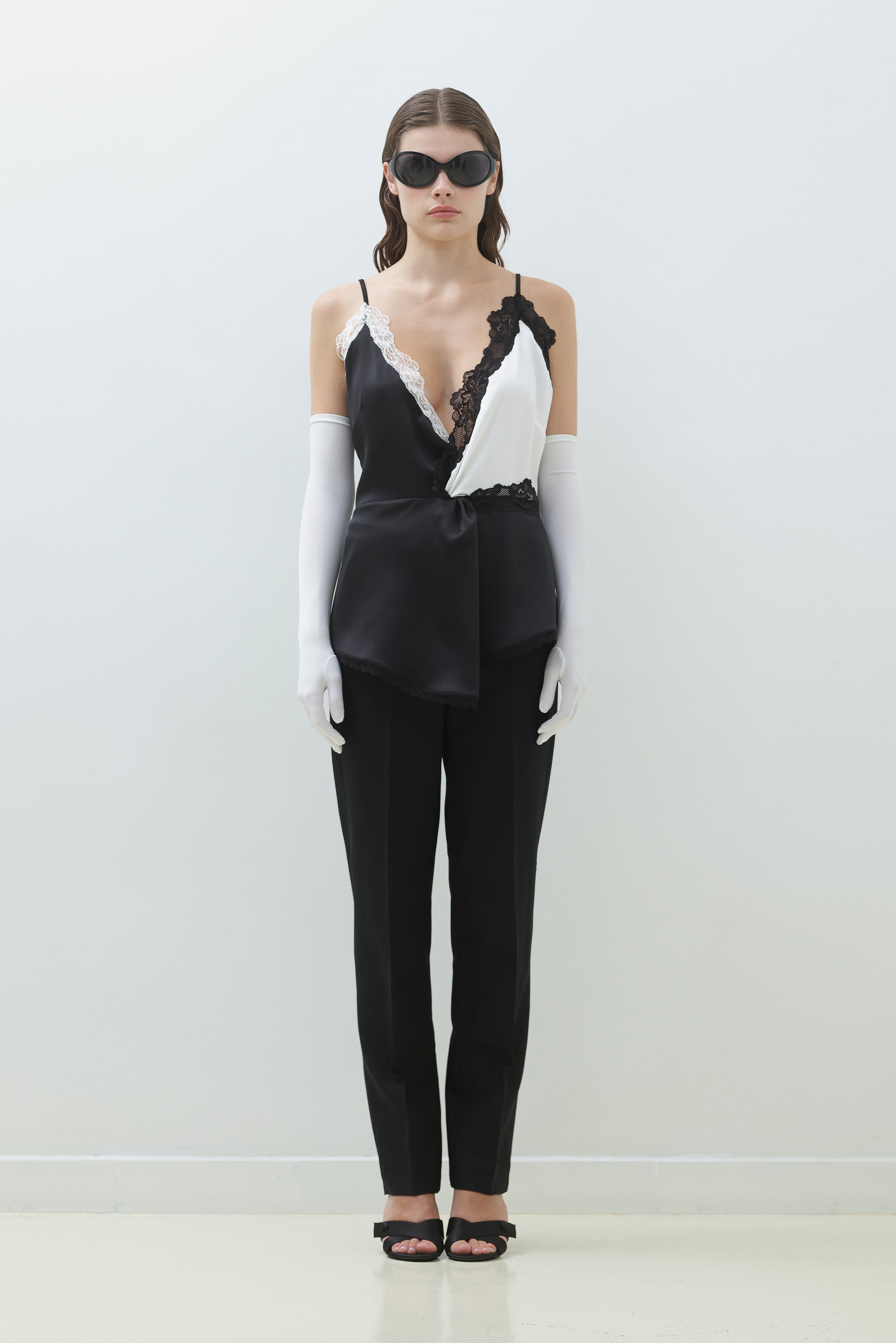 LACE TRIM SATIN KNOT BLOUSE