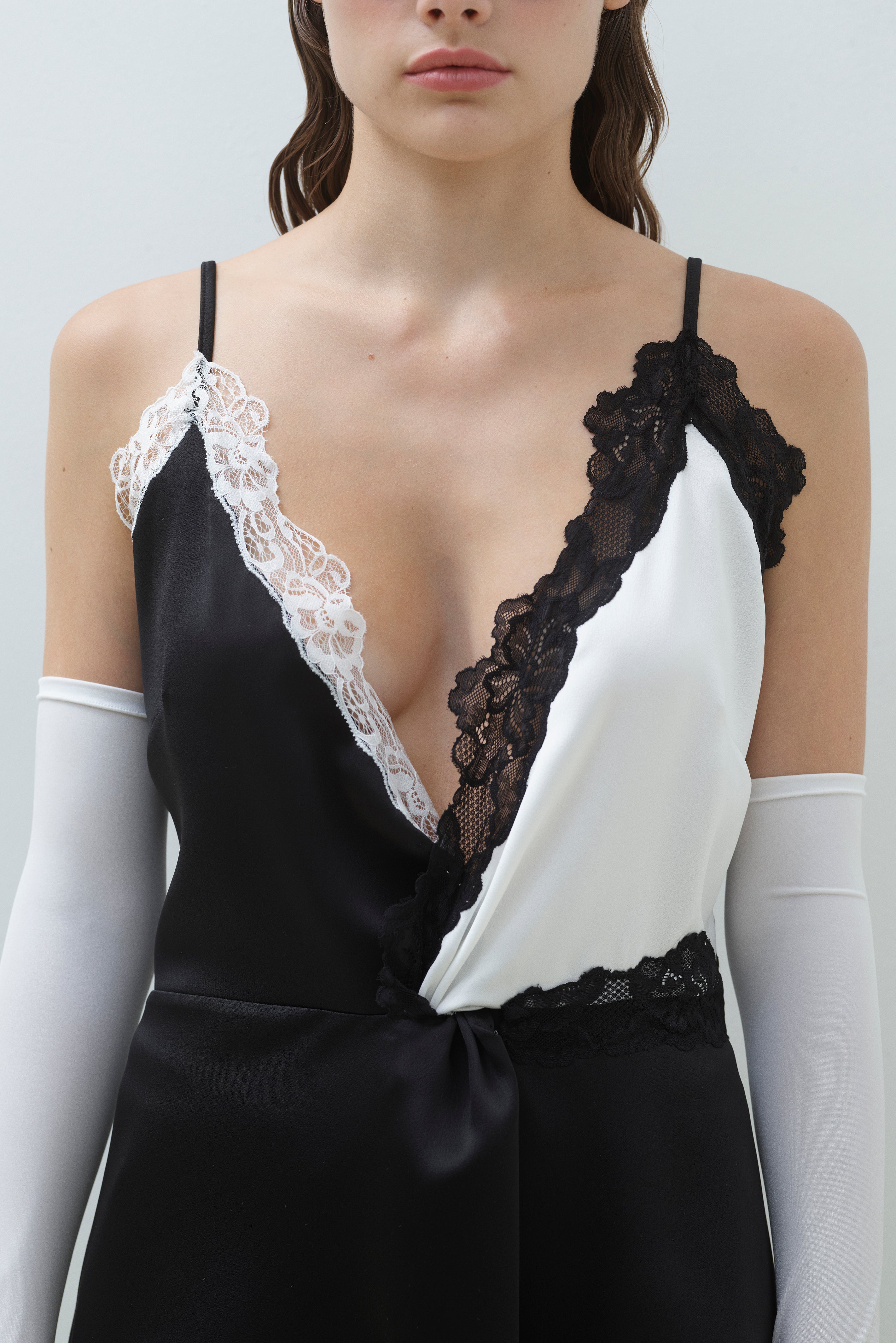 LACE TRIM SATIN KNOT BLOUSE