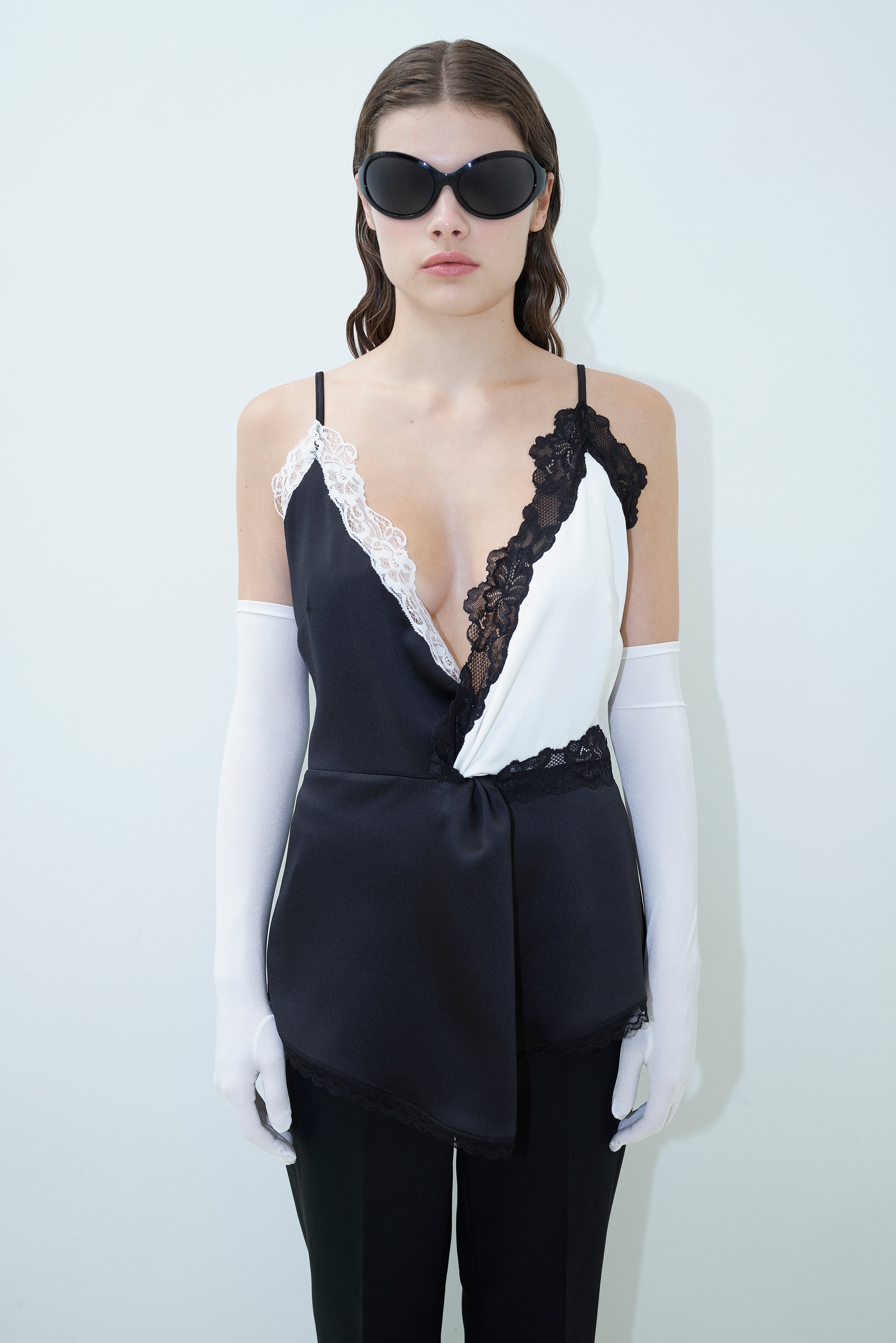 LACE TRIM SATIN KNOT BLOUSE