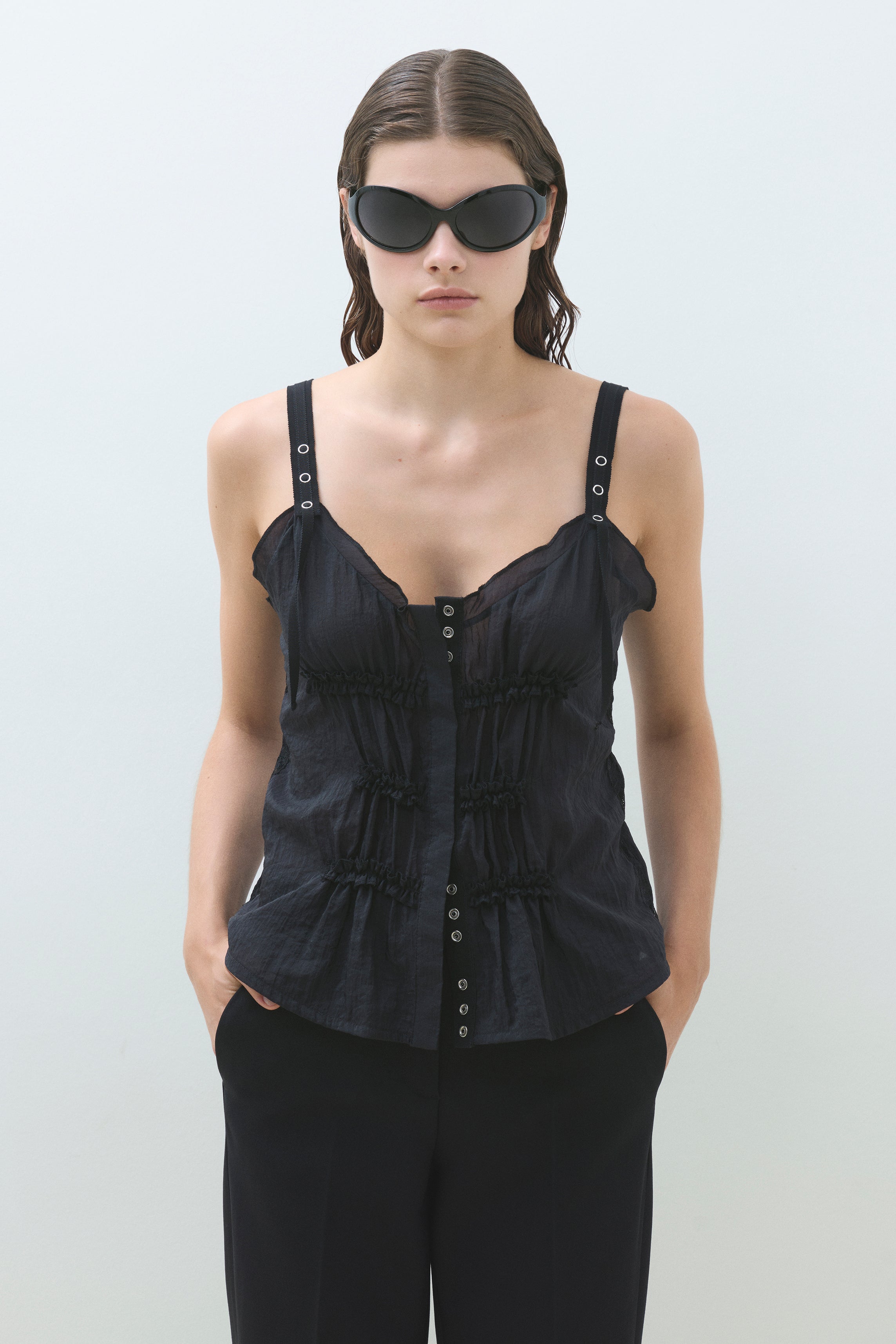 LACE TRIMMED ADJUSTABLE STRAP BLOUSE