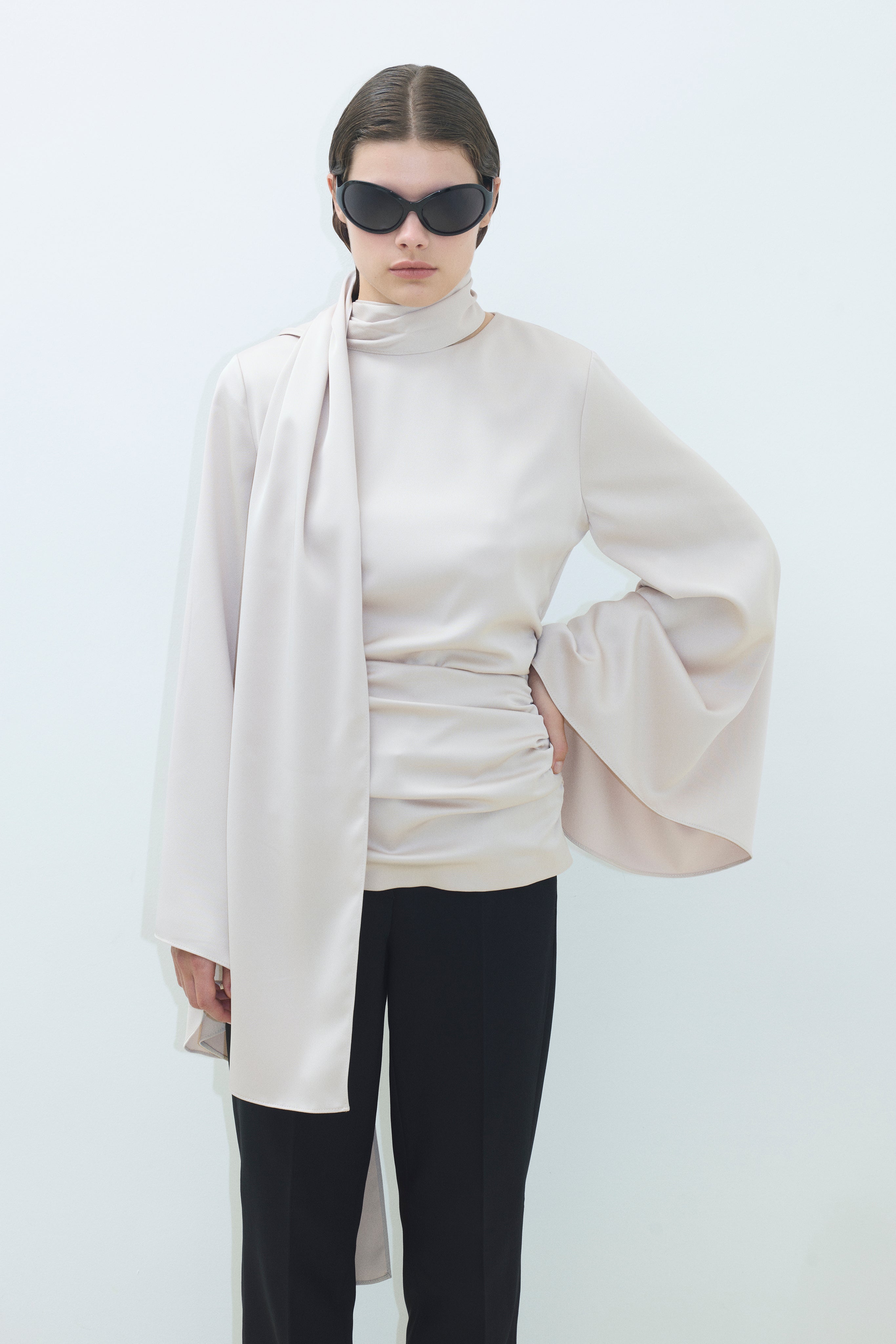 DRAPED BLOUSE WITH CAPE SLEEVES AND SCARF