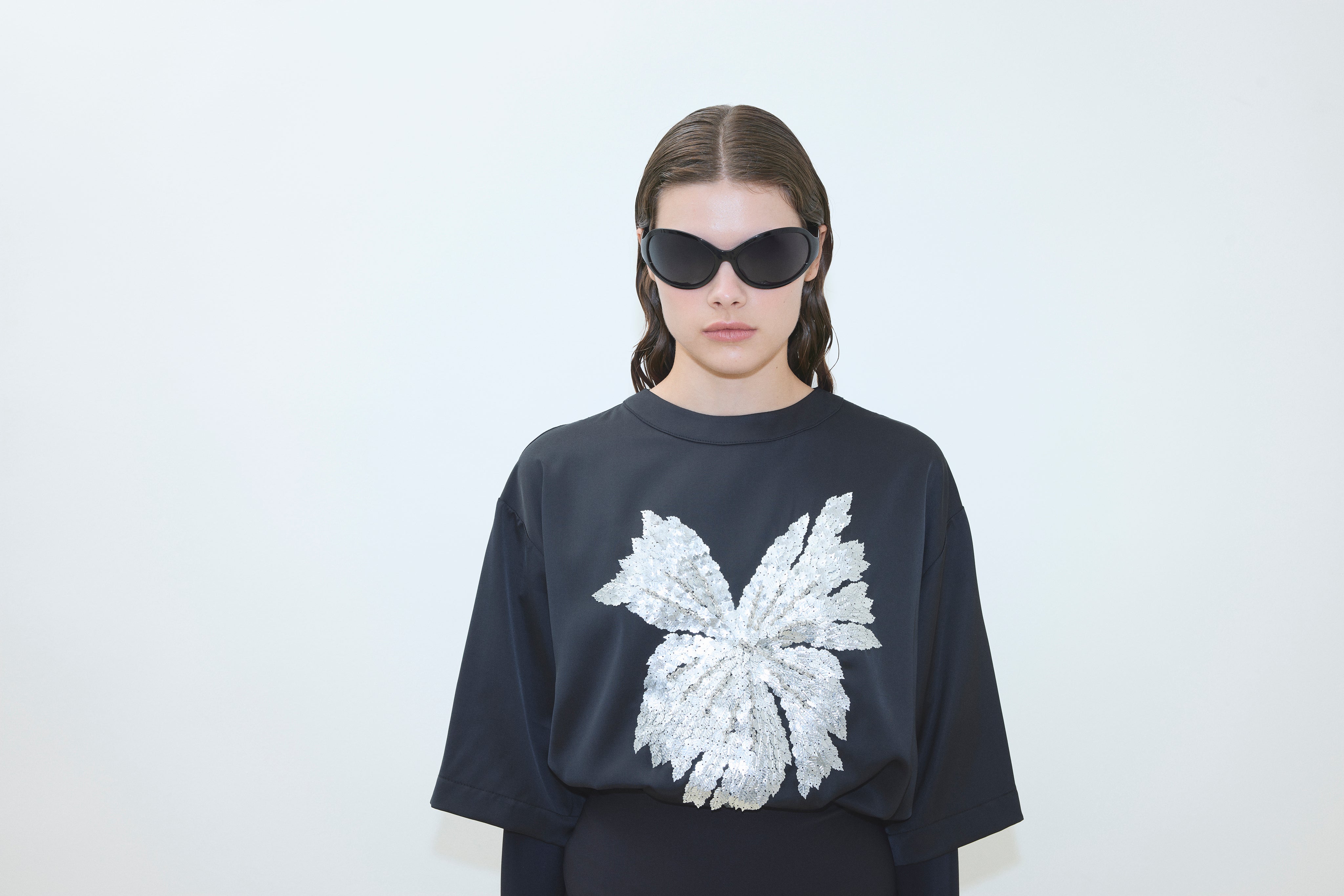 HAND EMBROIDERED SATIN OVERSIZE T-SHIRT WITH SIDE SLITS