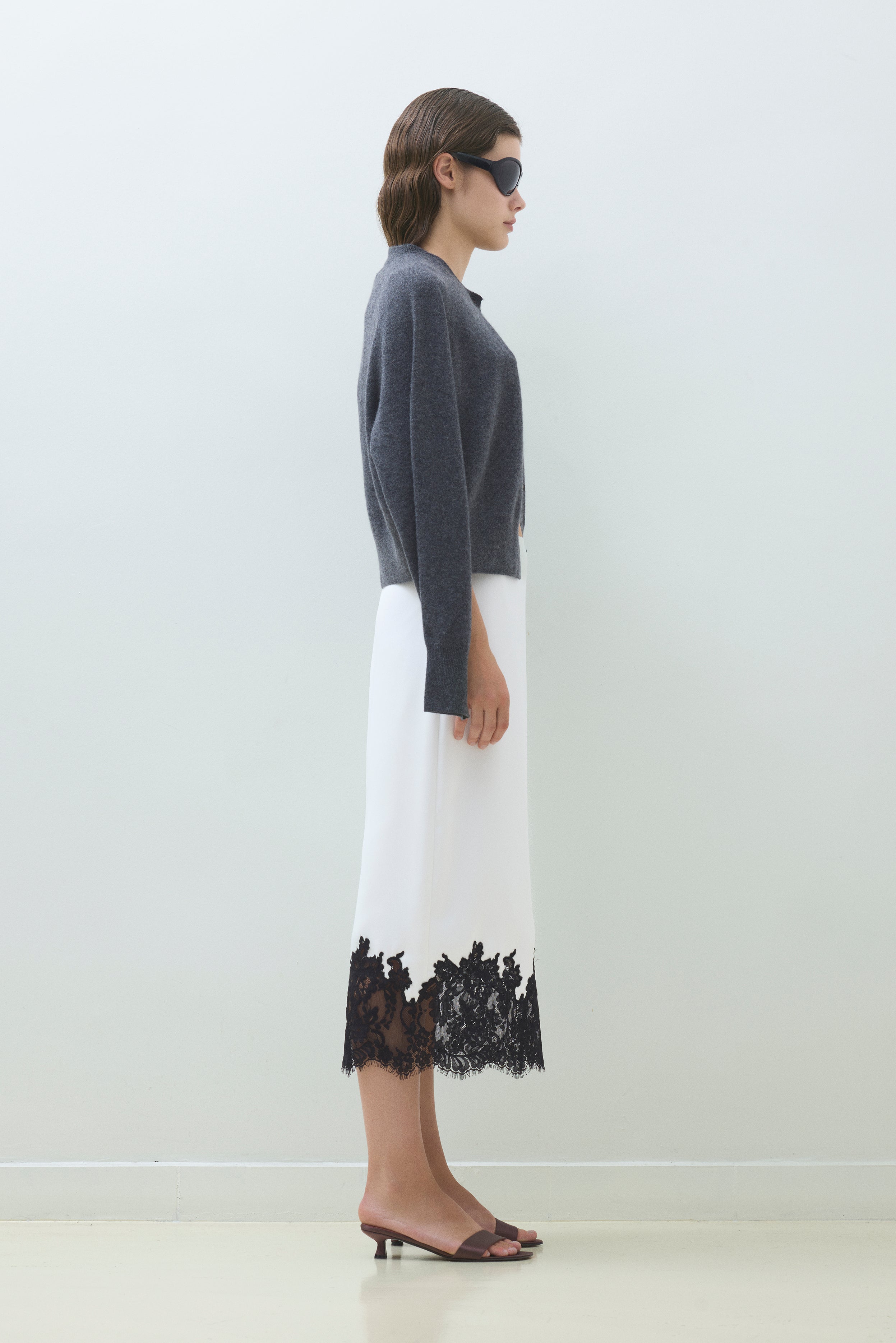 LACE HEM SATIN MIDI SKIRT