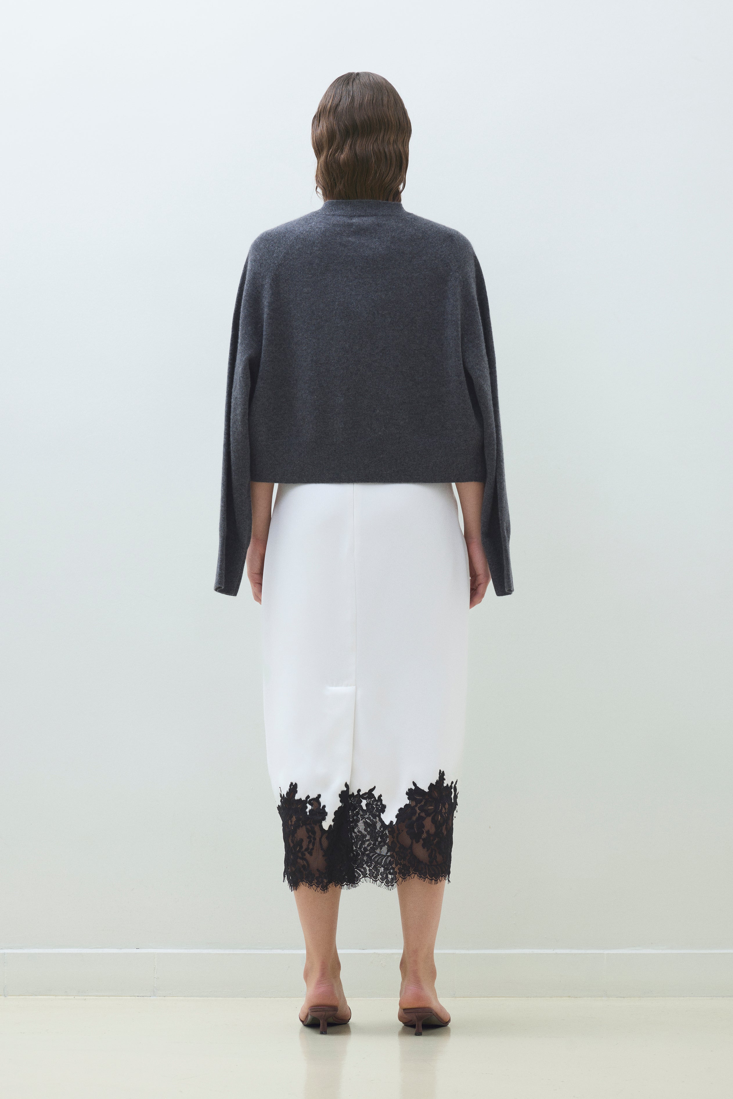 LACE HEM SATIN MIDI SKIRT