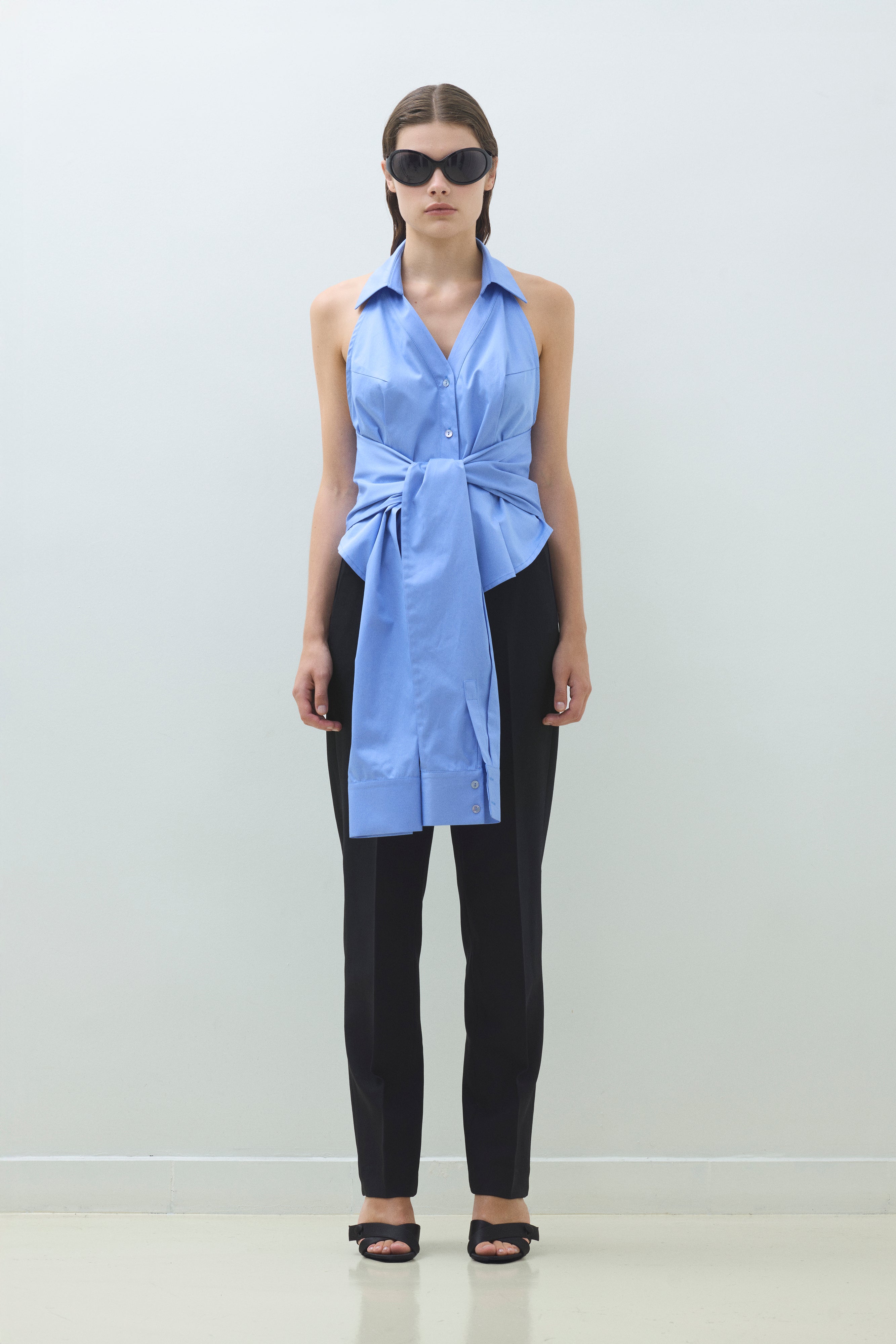 OPEN BACK SLEEVE BELT COTTON SHIRT