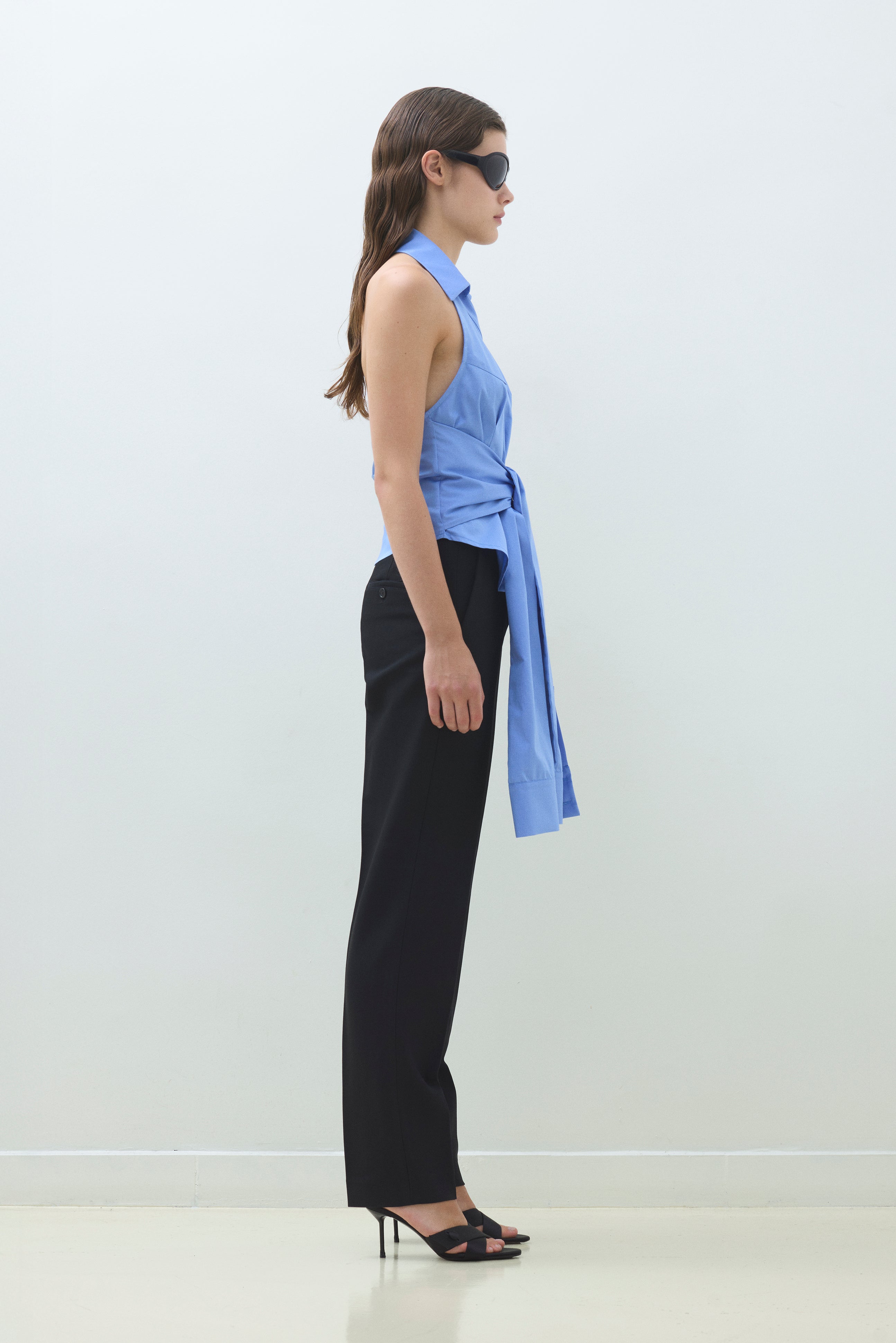 OPEN BACK SLEEVE BELT COTTON SHIRT