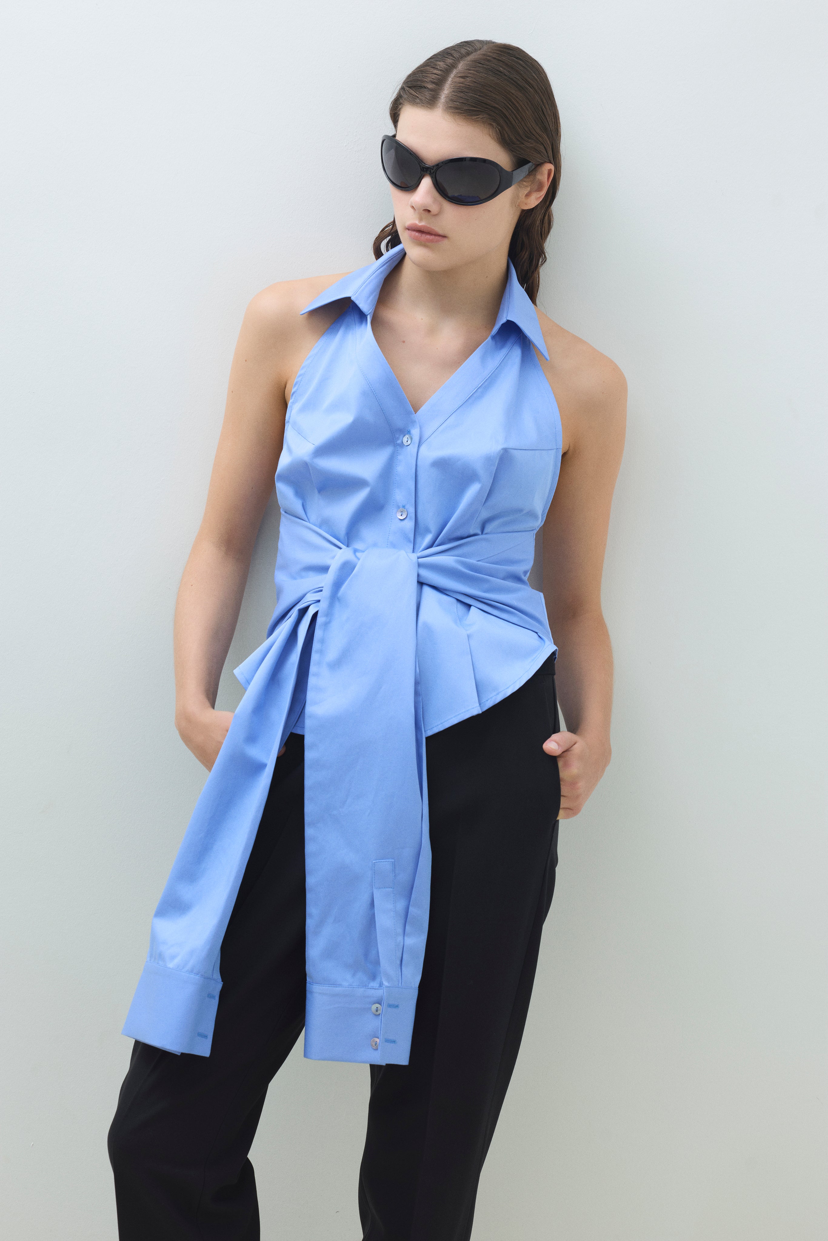 OPEN BACK SLEEVE BELT COTTON SHIRT