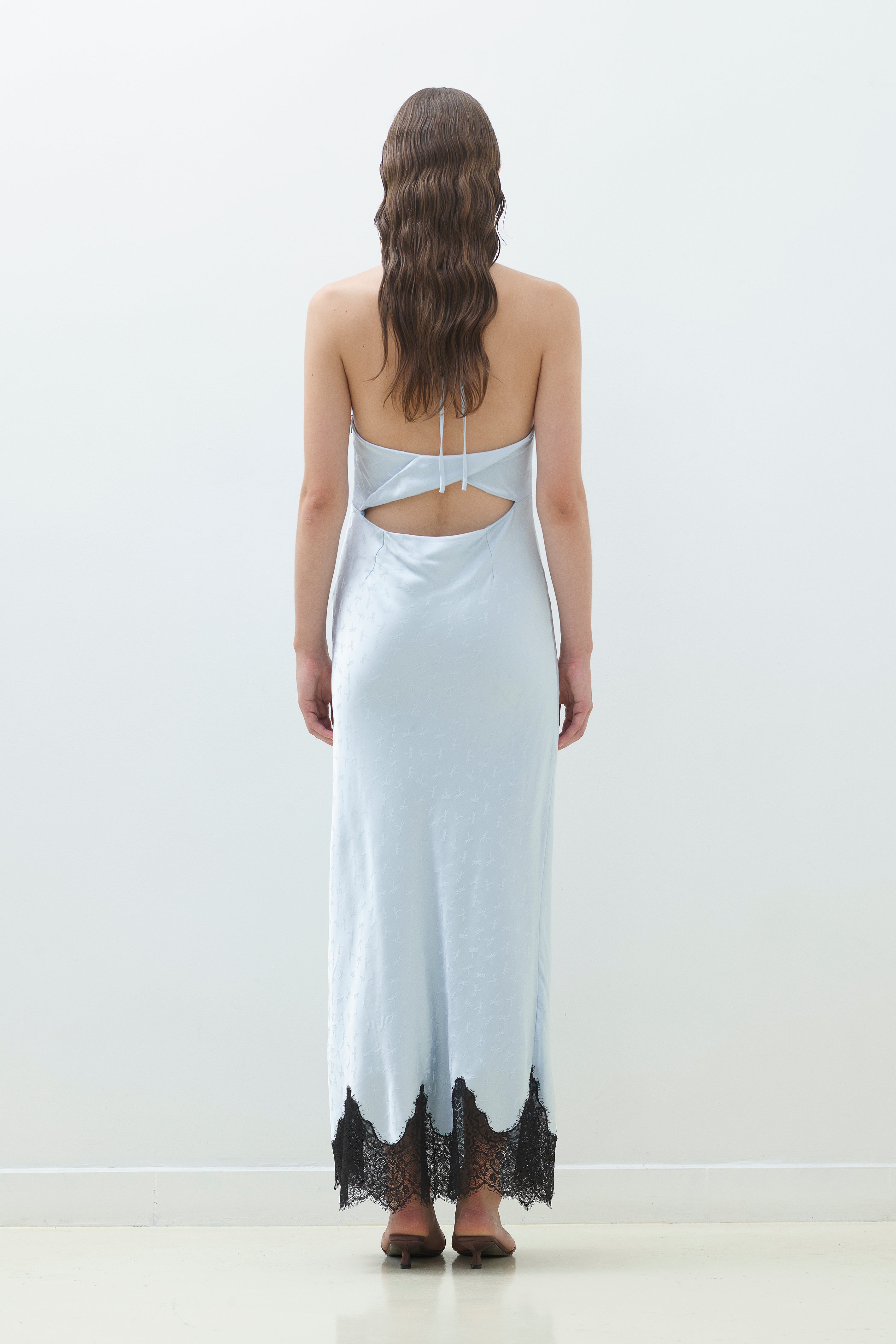 LACE HEM SATIN JACQUARD DRESS