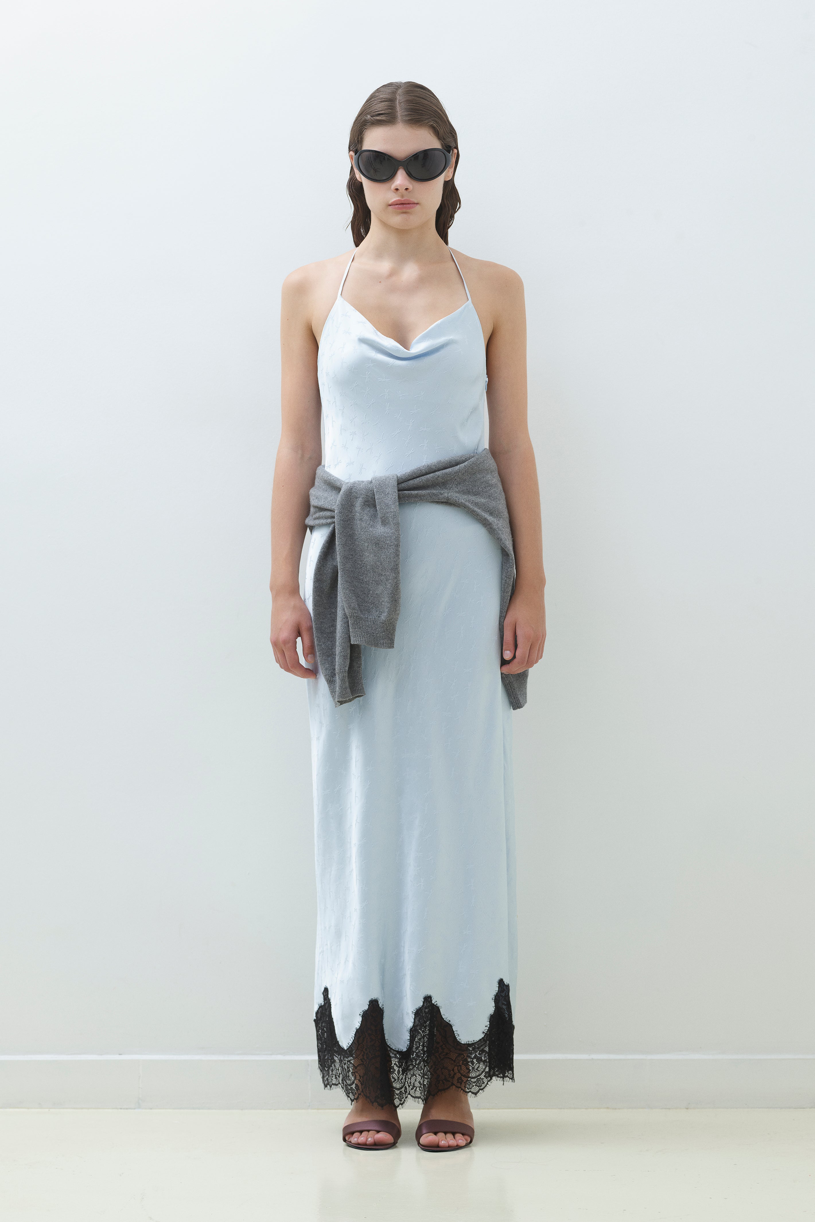LACE HEM SATIN JACQUARD DRESS