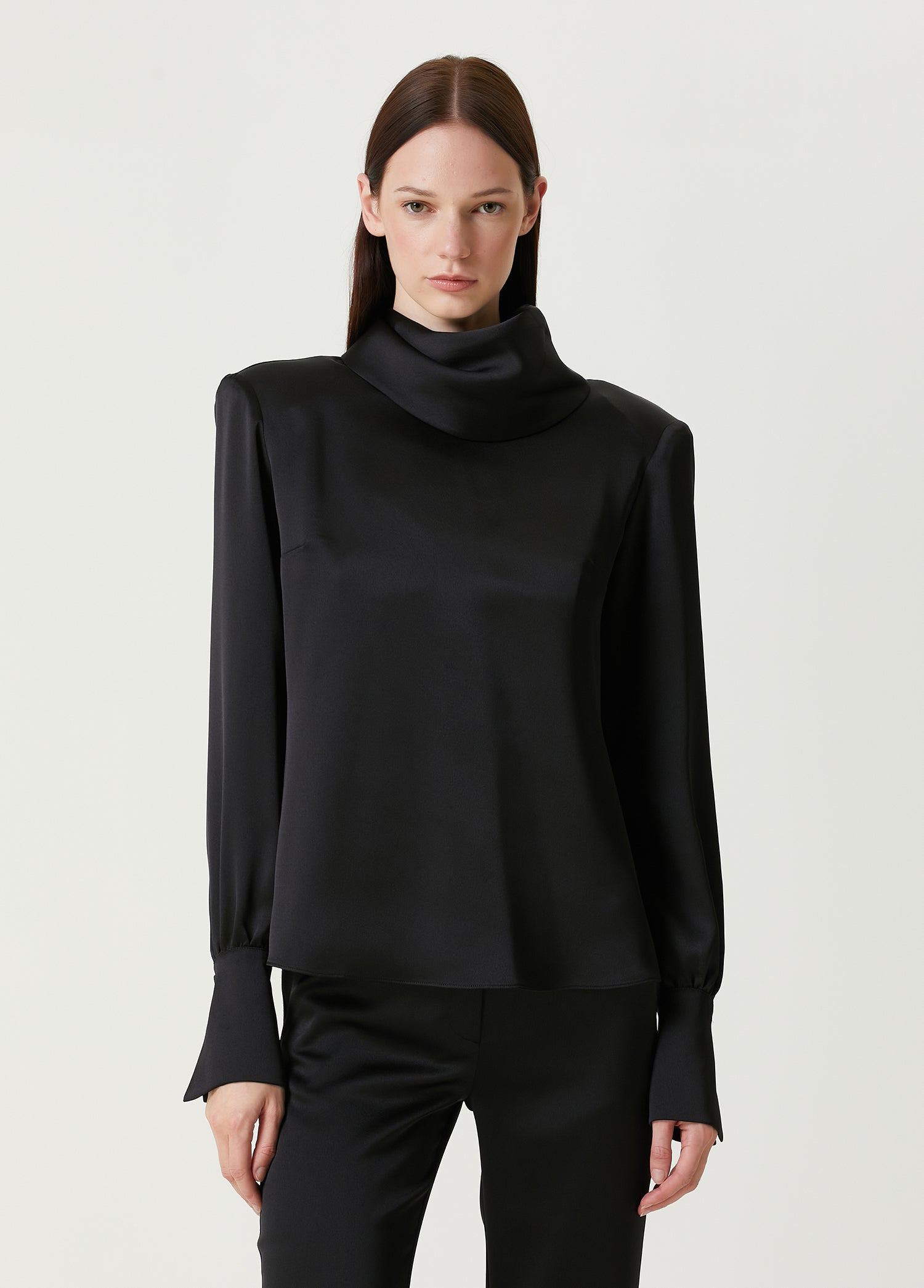 Satin High Collar Open Back Red Blouse