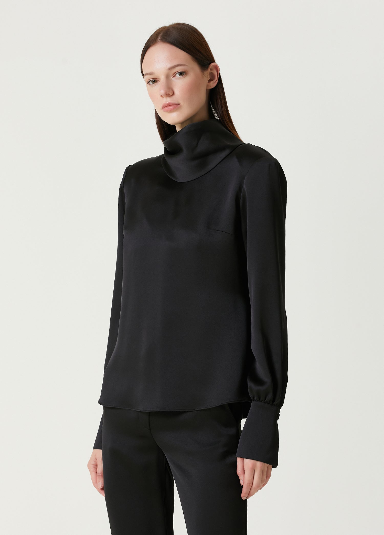 Satin High Collar Open Back Red Blouse