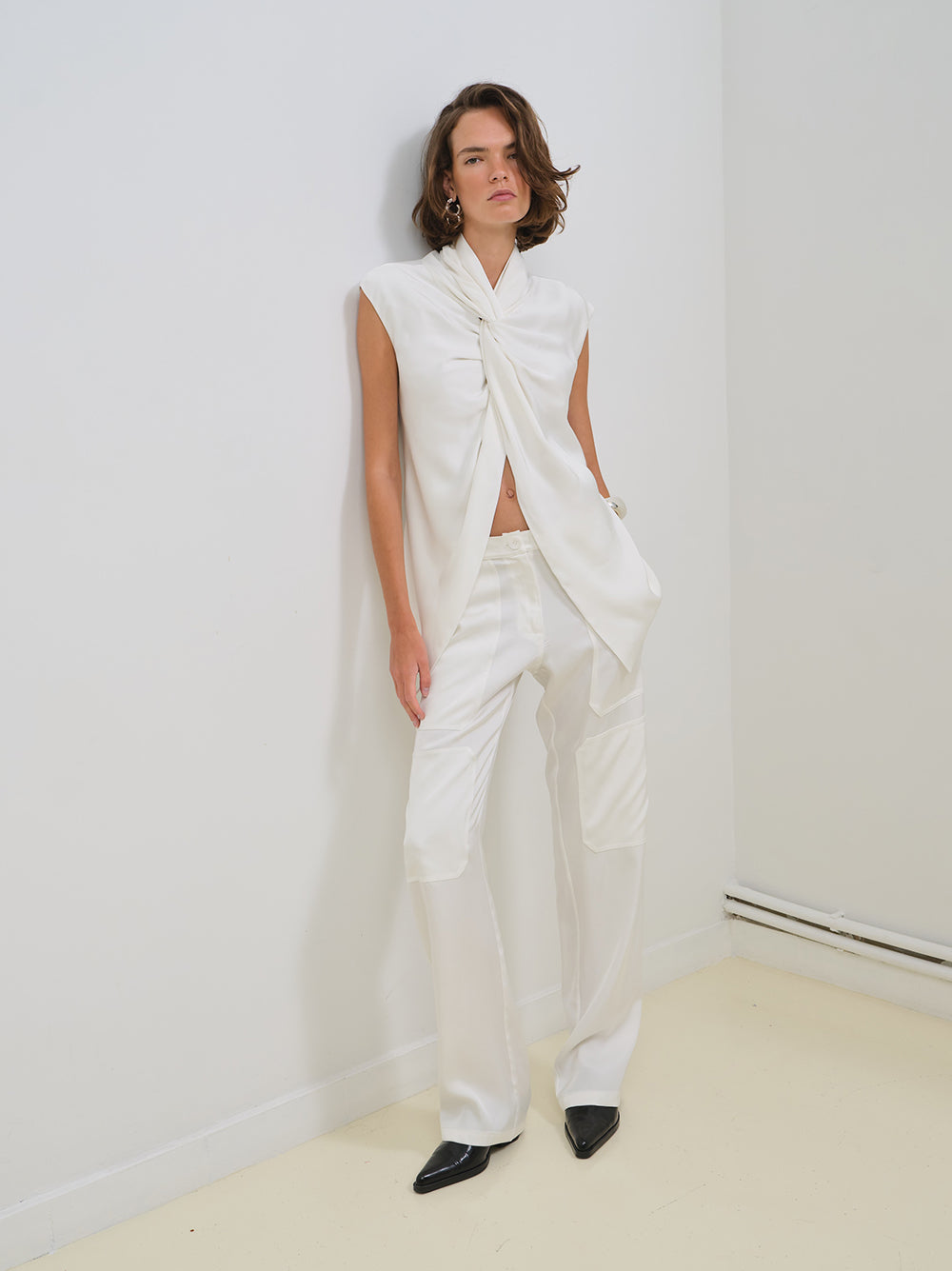 SATIN CARGO PANTS WITH EMBROIDERY