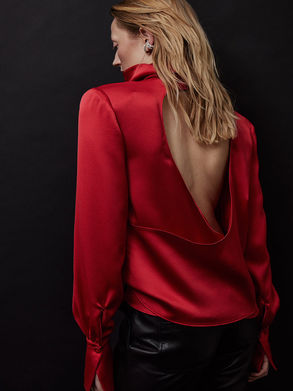 Satin High Collar Open Back Red Blouse