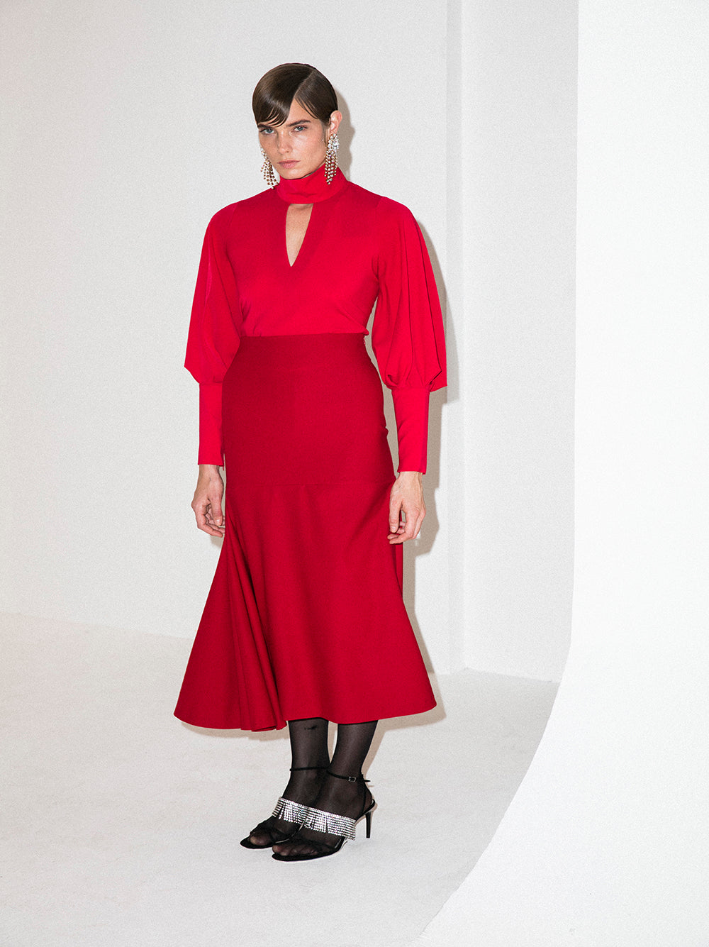 A-Line Red Midi Skirt