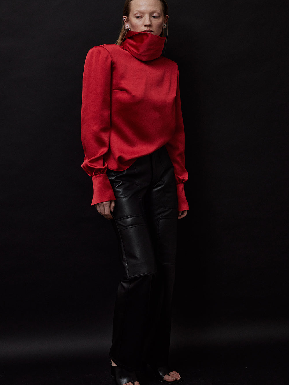 Satin High Collar Open Back Red Blouse